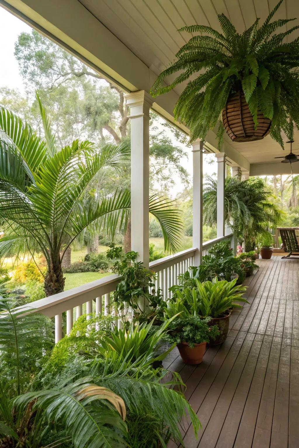 Layered tropical plants transform your porch into a green sanctuary.