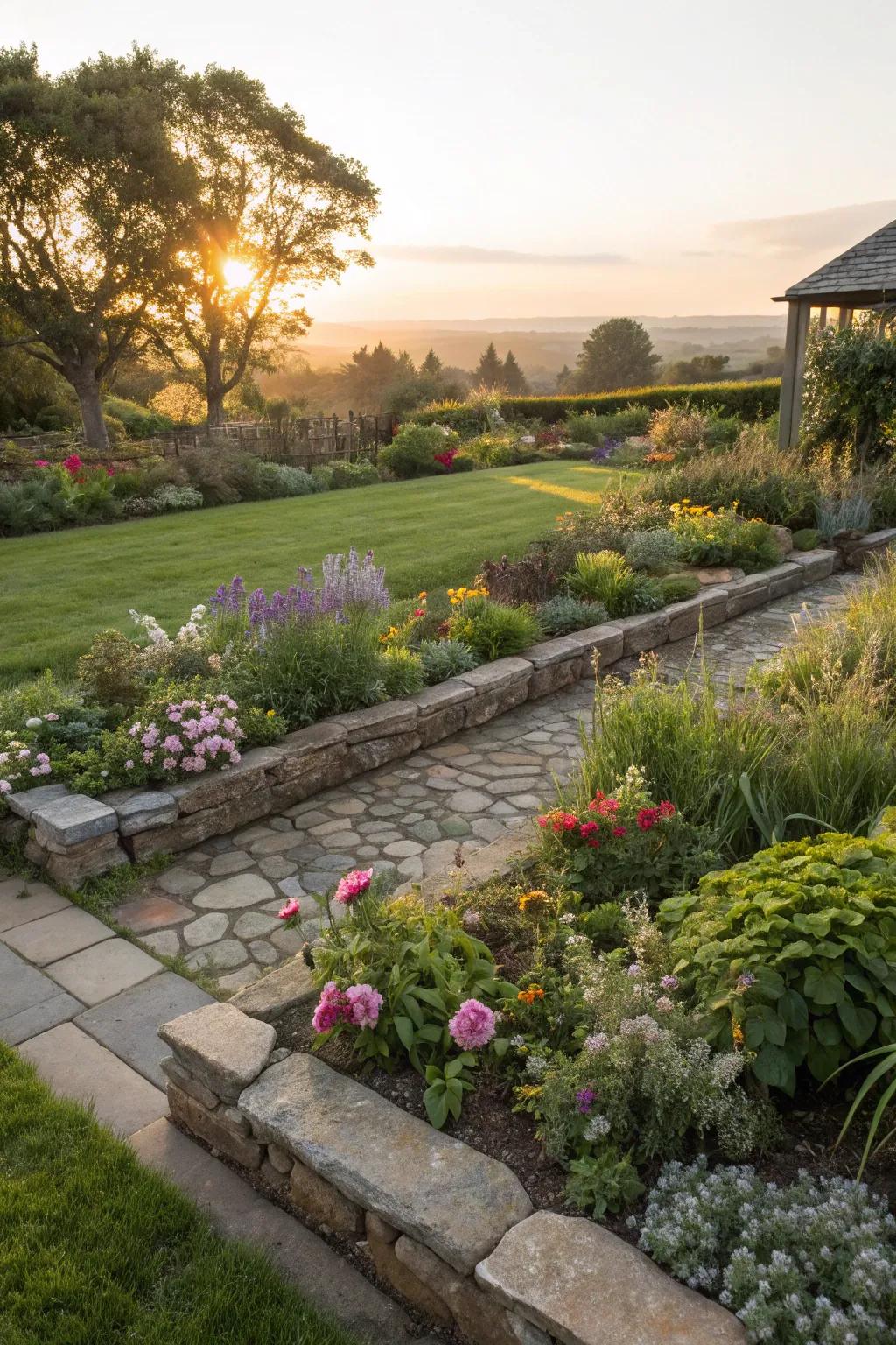 Stone-edged borders adding elegance to a west-facing garden.