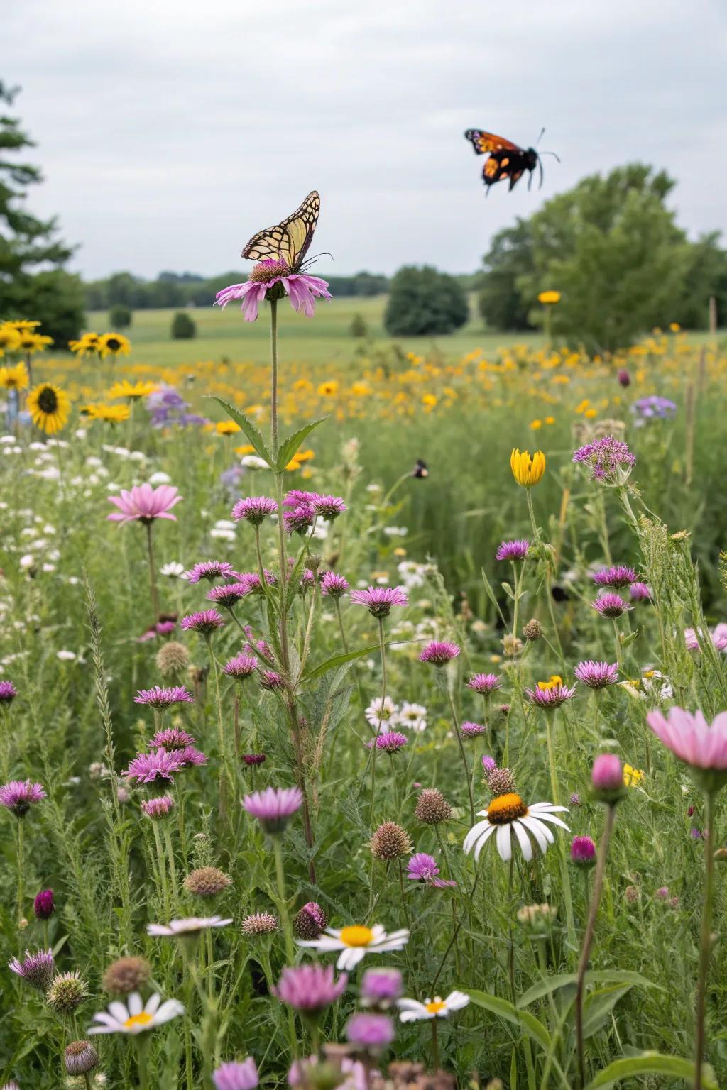 A meadow-like wildflower garden teeming with life and colors.