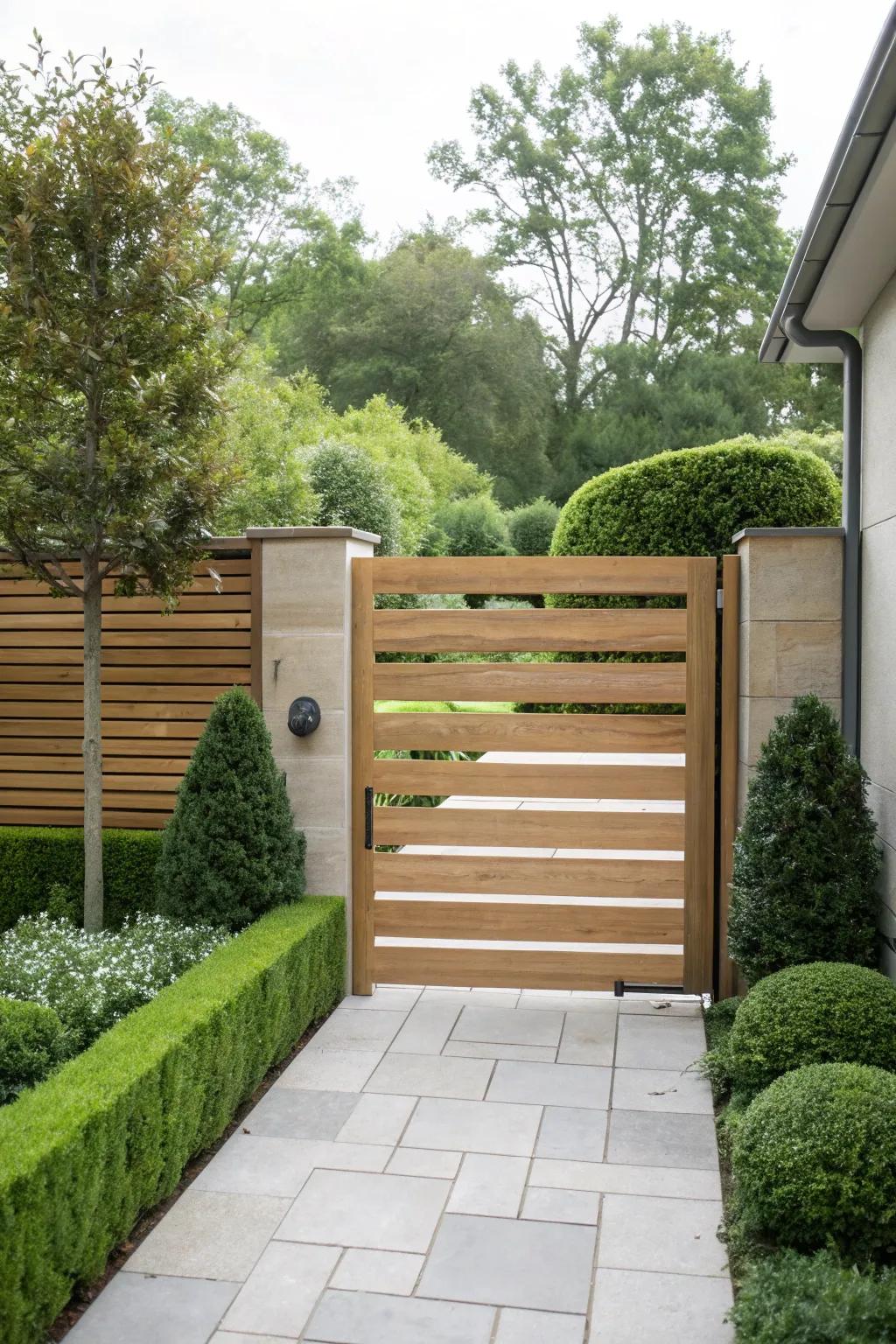 A modern minimalist wooden gate with sleek horizontal slats.