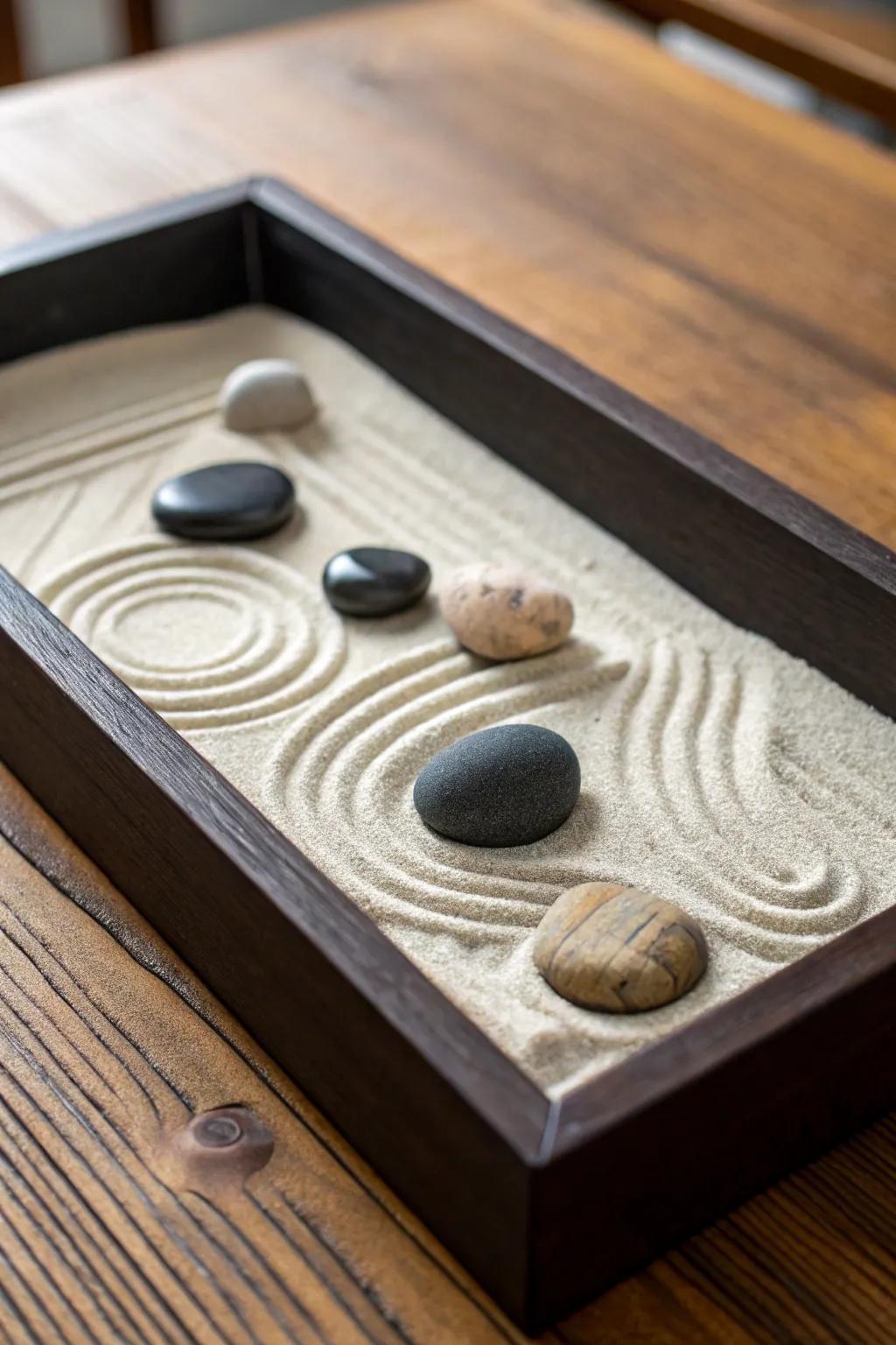 A mini zen garden tray offers a quick escape to tranquility.