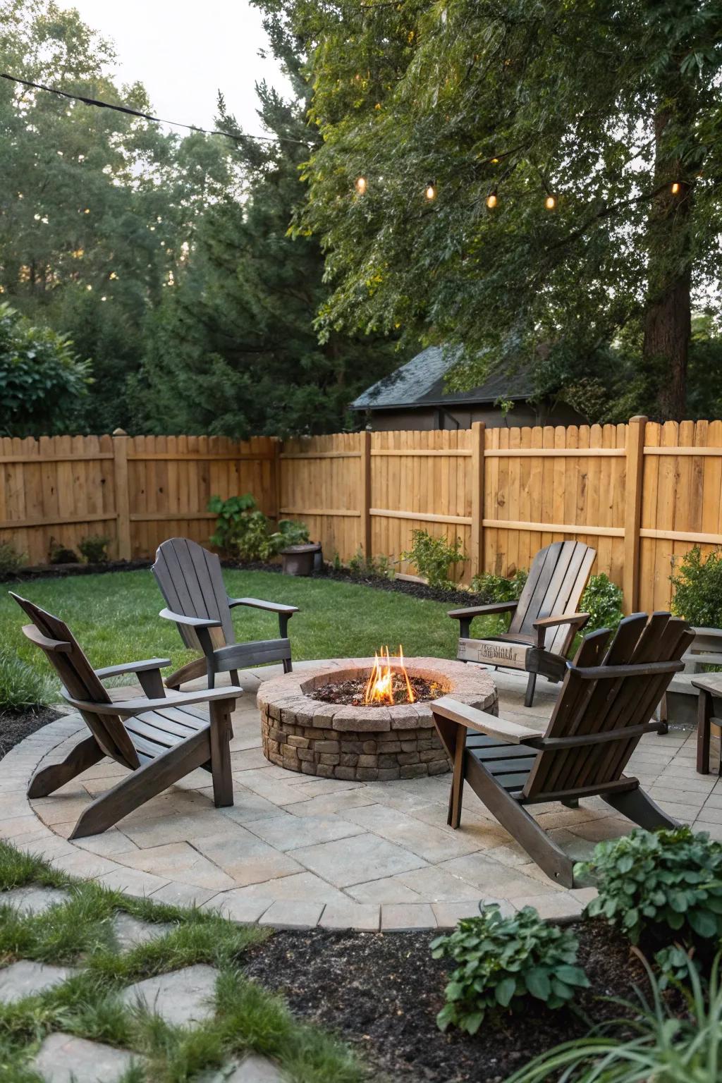 Classic Adirondack chairs create a welcoming circle around the fire.