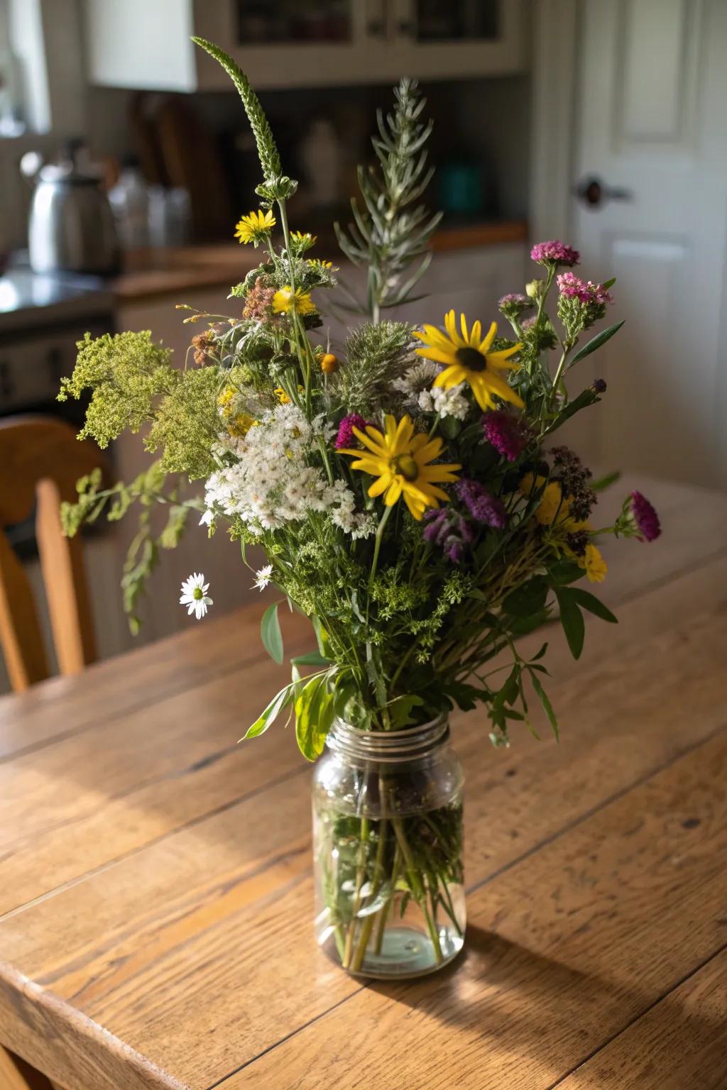 Rustic charm with wildflowers in a mason jar