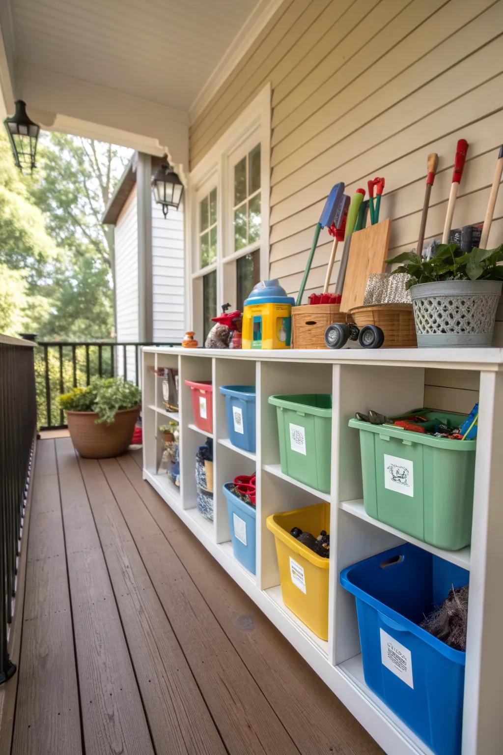 Keep your porch tidy with labeled outdoor cubbies.