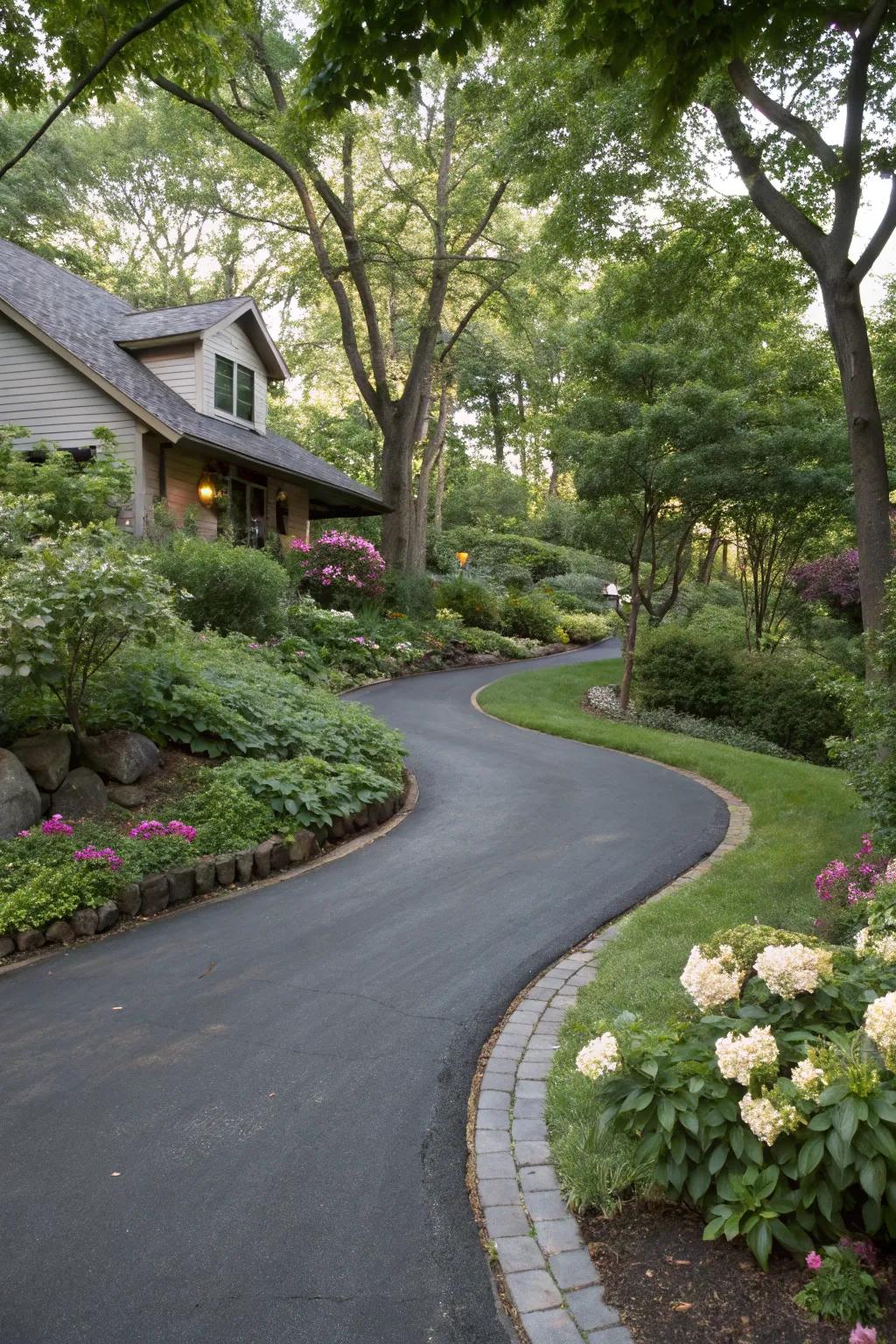 A curvaceous driveway that adds a unique touch to the property.