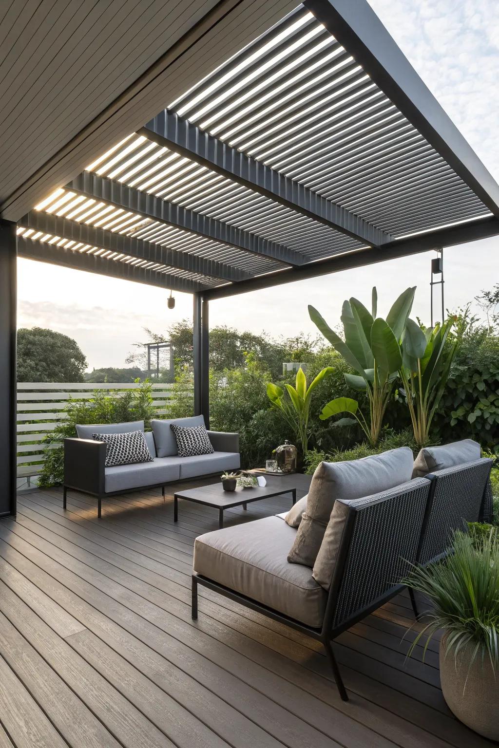 Louvered roofs offer adjustable comfort and style.