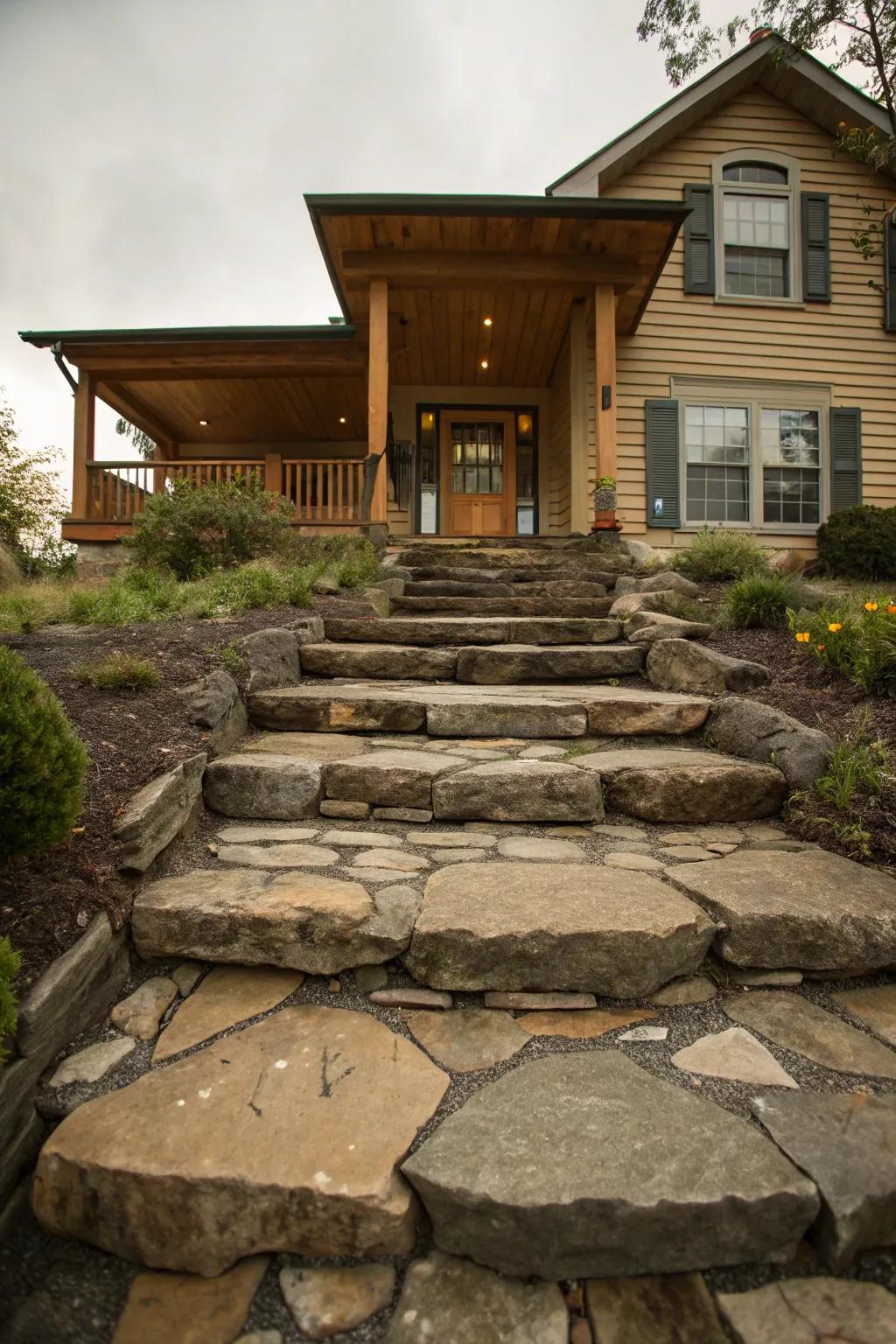 Elegant flagstone steps guiding visitors to a welcoming porch.