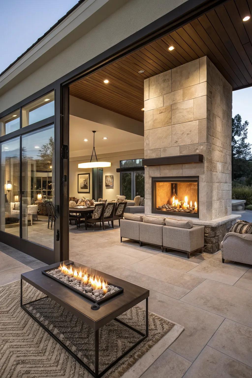 A fireplace as a divider beautifully defines spaces while preserving an open feel.