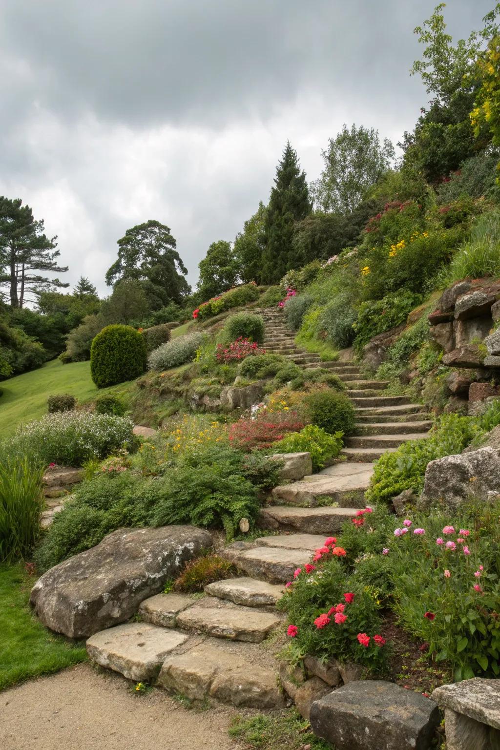 Rock stairways add drama and functionality to sloped gardens.