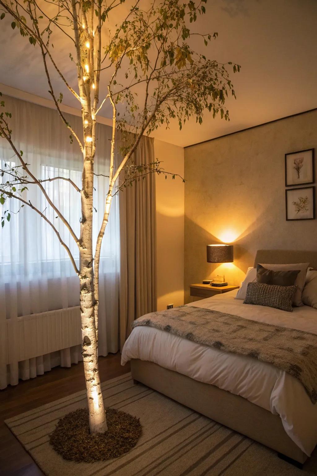 Enjoy a peaceful night's sleep with the gentle glow of a lighted birch tree.