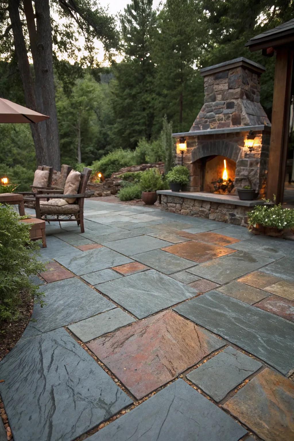 Slate tiles bring rustic charm and warmth to outdoor spaces.
