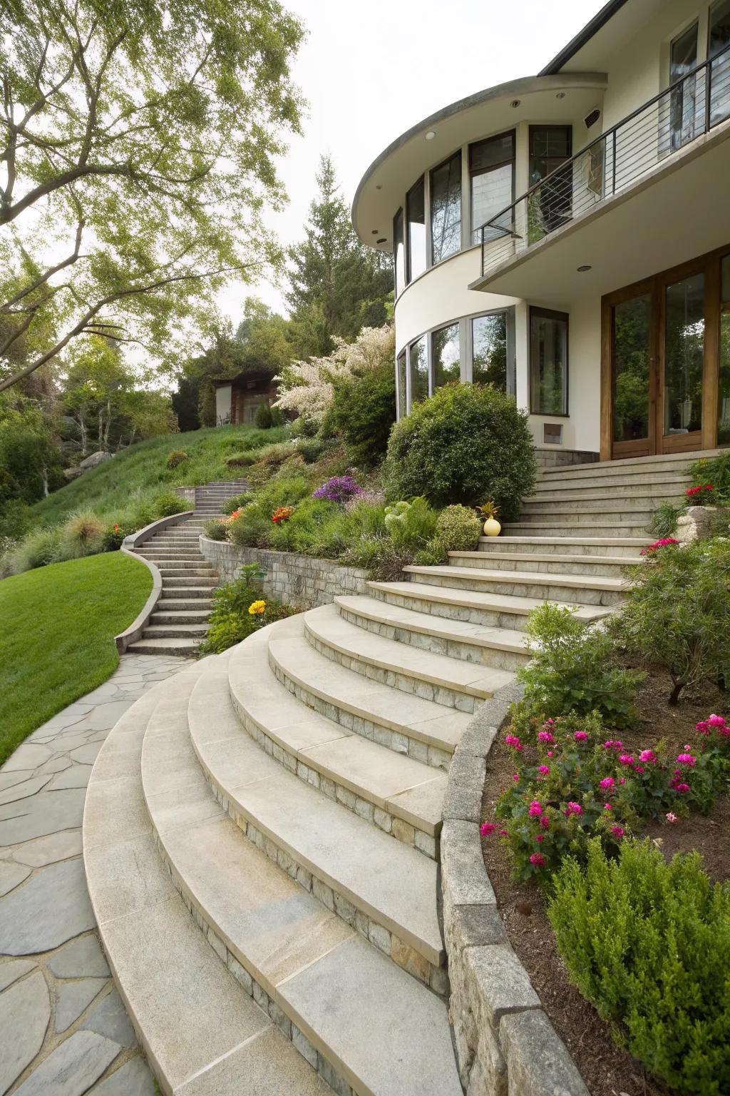 Elegant curved stairs complementing a modern home entrance.