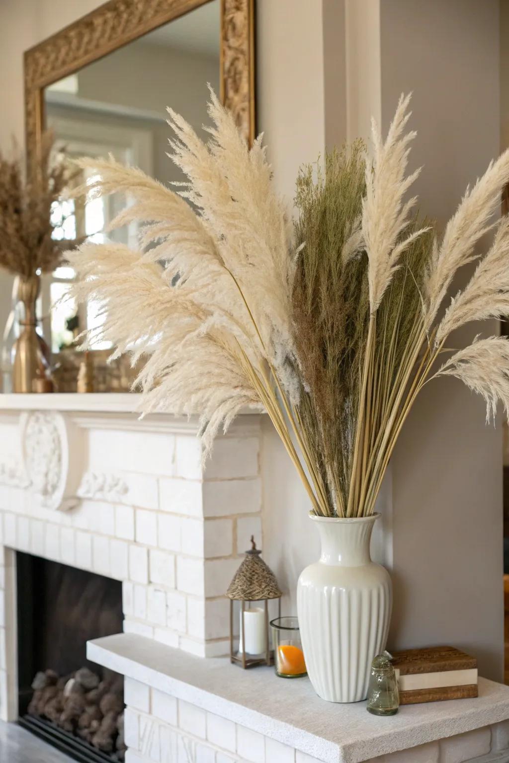 A fireplace mantel becomes a focal point with a large vase of pampas grass.