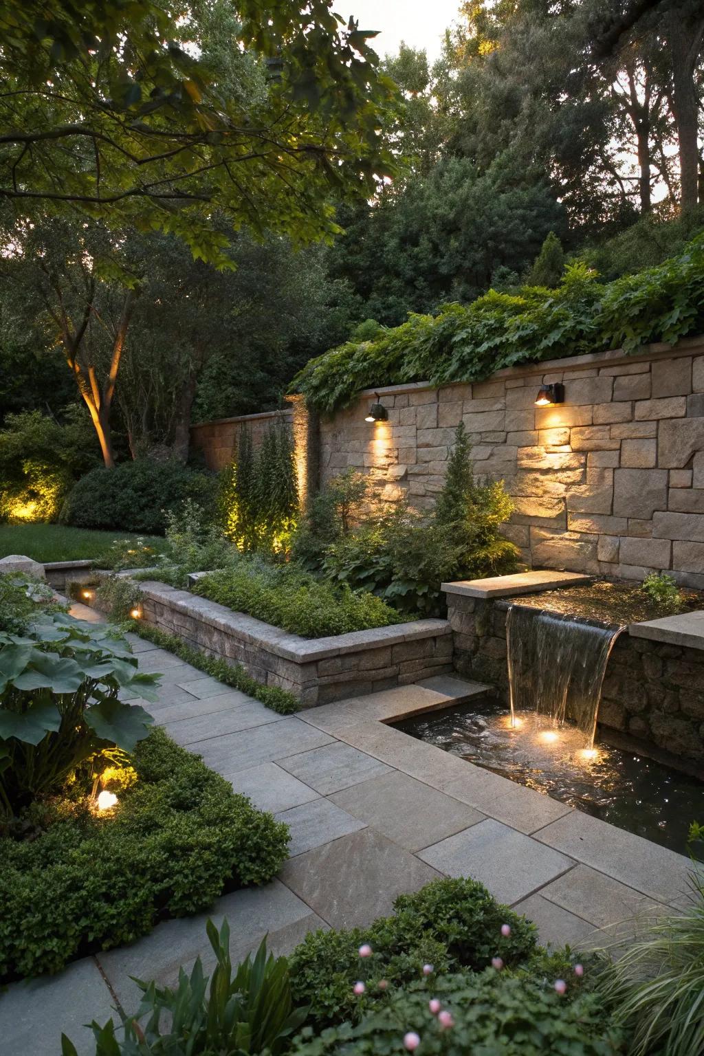 Create tranquility with stone walls and water features.