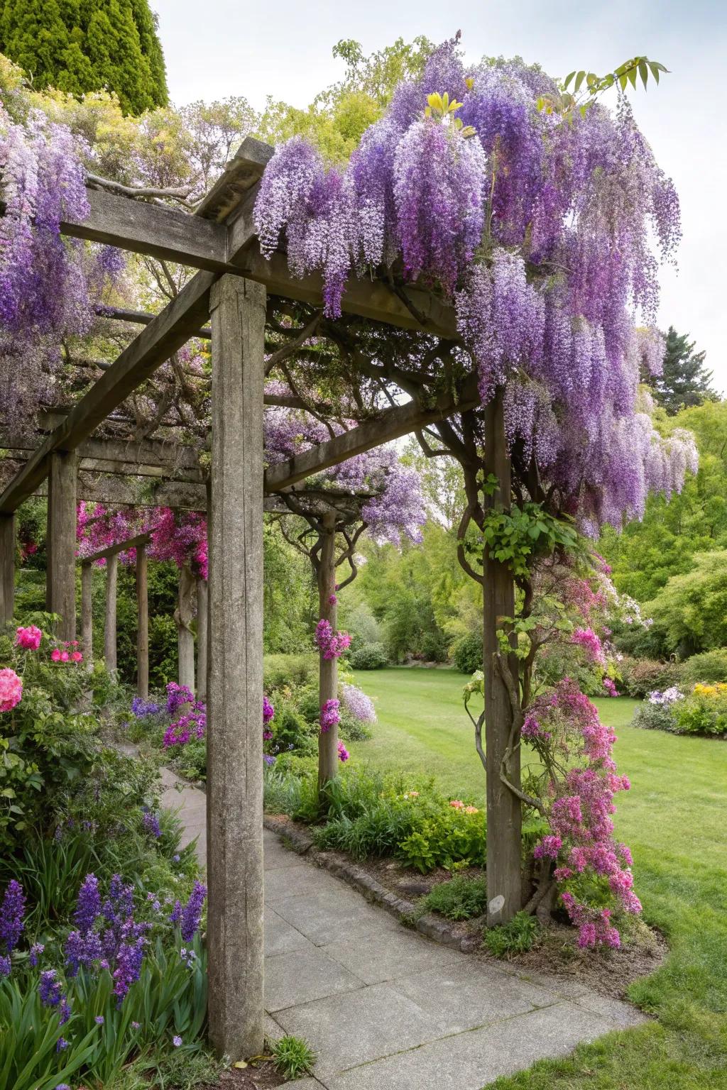 A vibrant wisteria-covered trellis adding height to the garden.