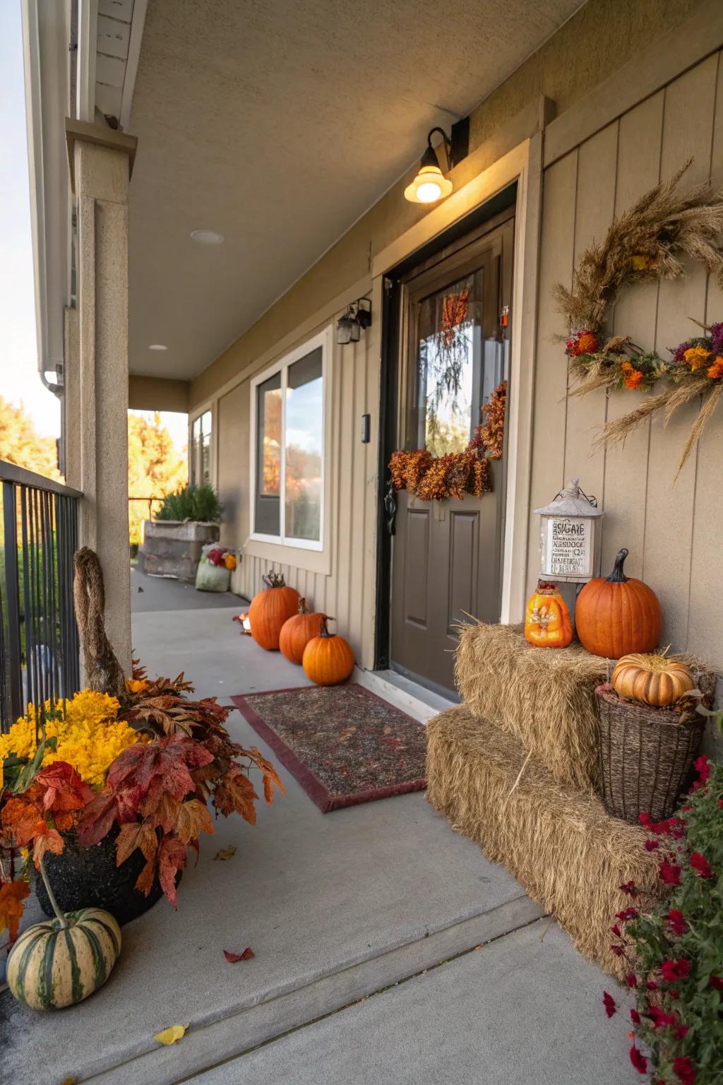 Seasonal decorations adding a festive touch to an apartment porch.