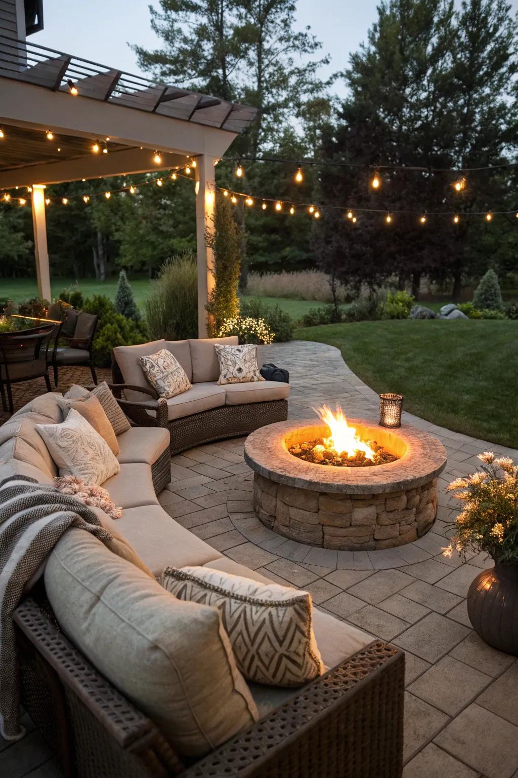 A fire pit becomes a cozy focal point for evening gatherings.