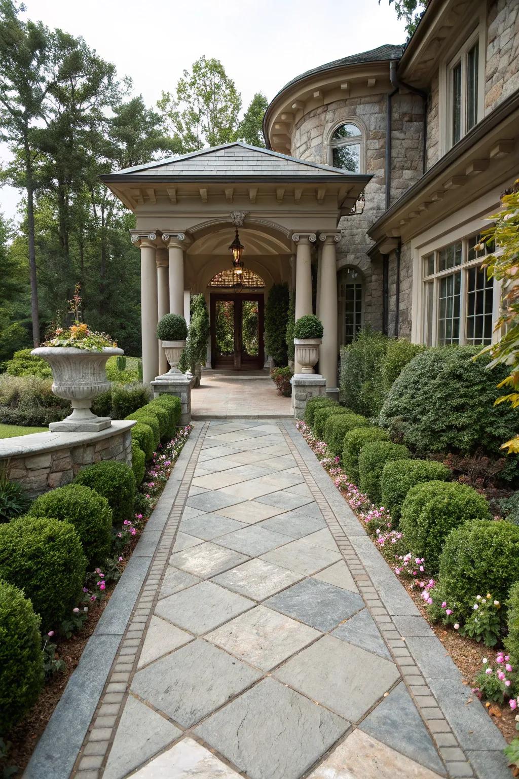 A stylish pathway connecting to the portico.