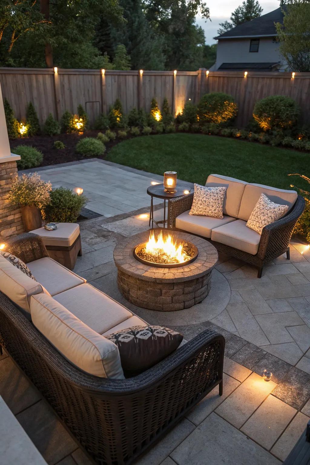 A fire pit creates a perfect centerpiece for cozy evenings.