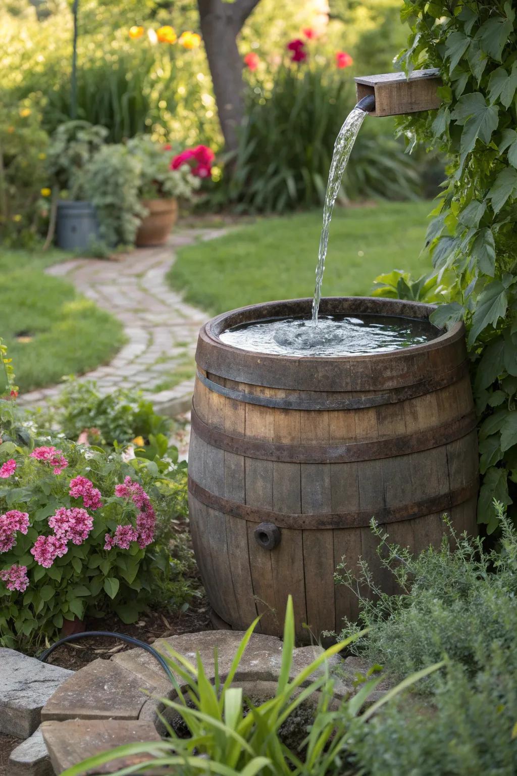 A wine barrel fountain creating a tranquil garden feature.