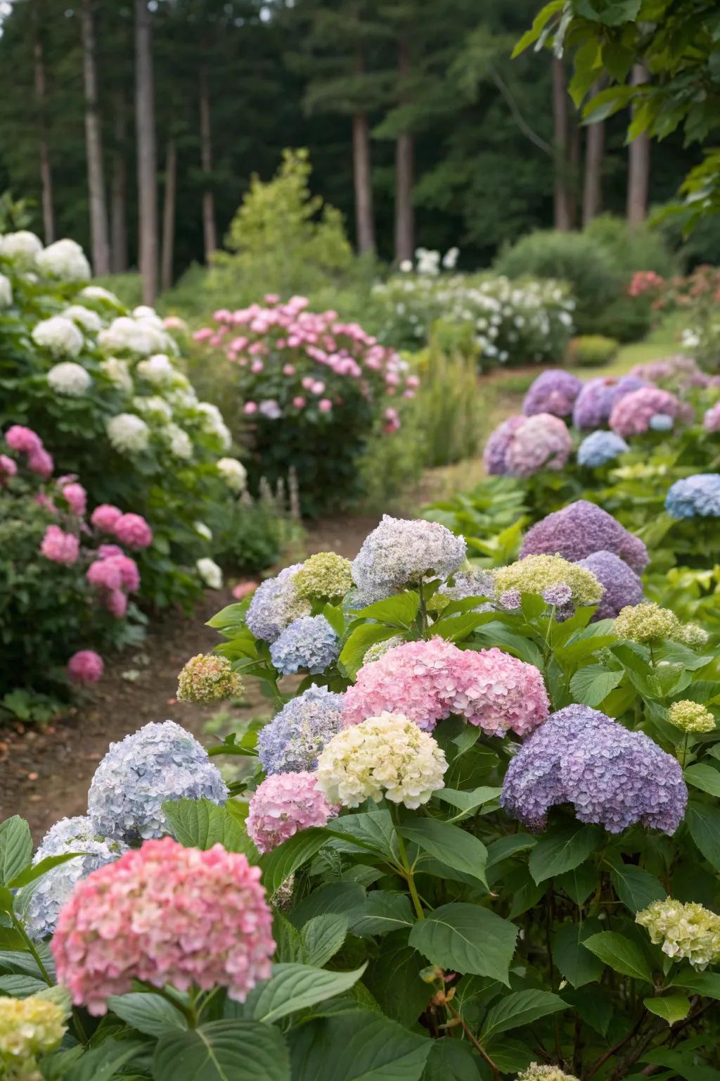 A four-season garden with diverse hydrangea varieties.