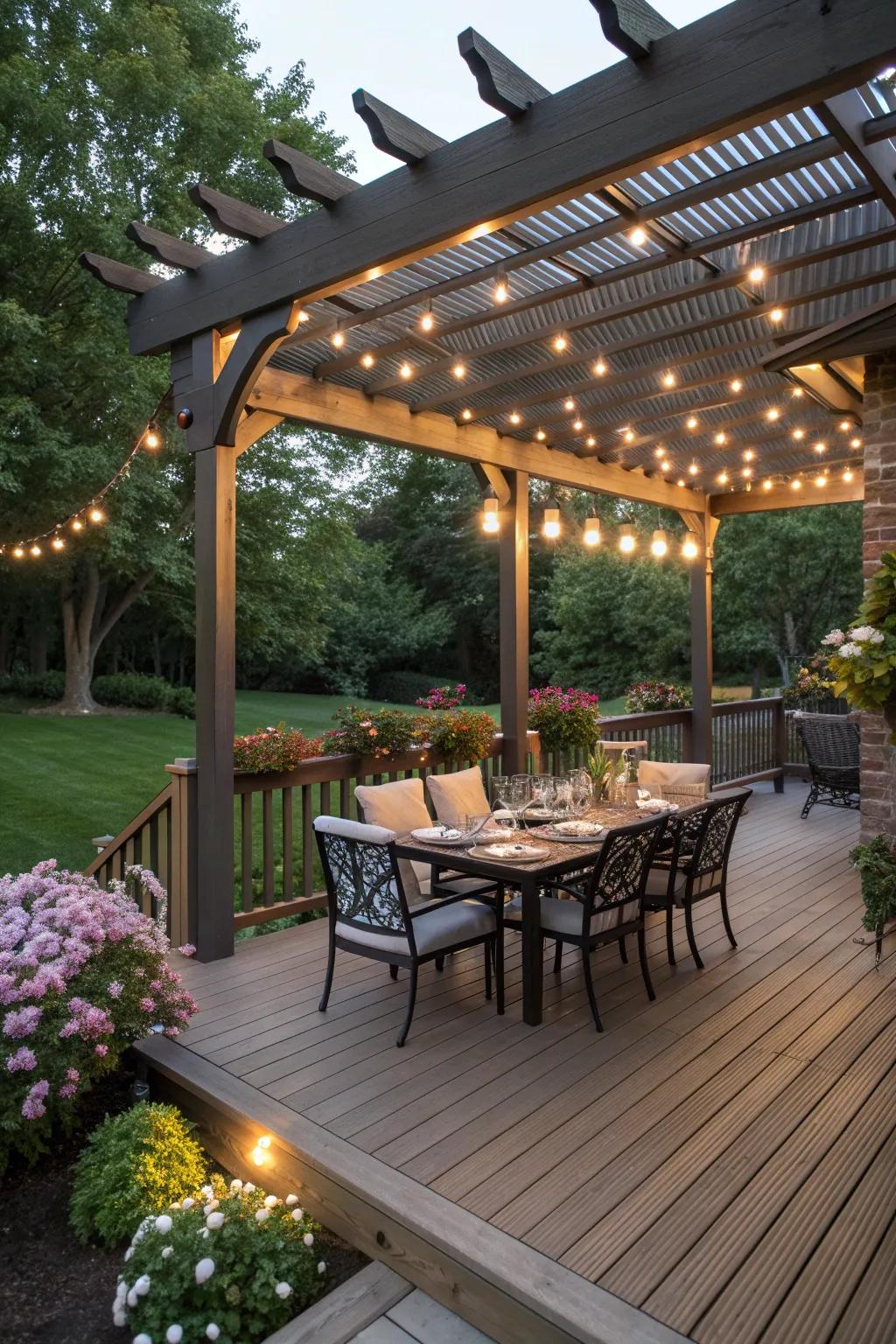 Pergola lighting creating a defined dining space on the deck.