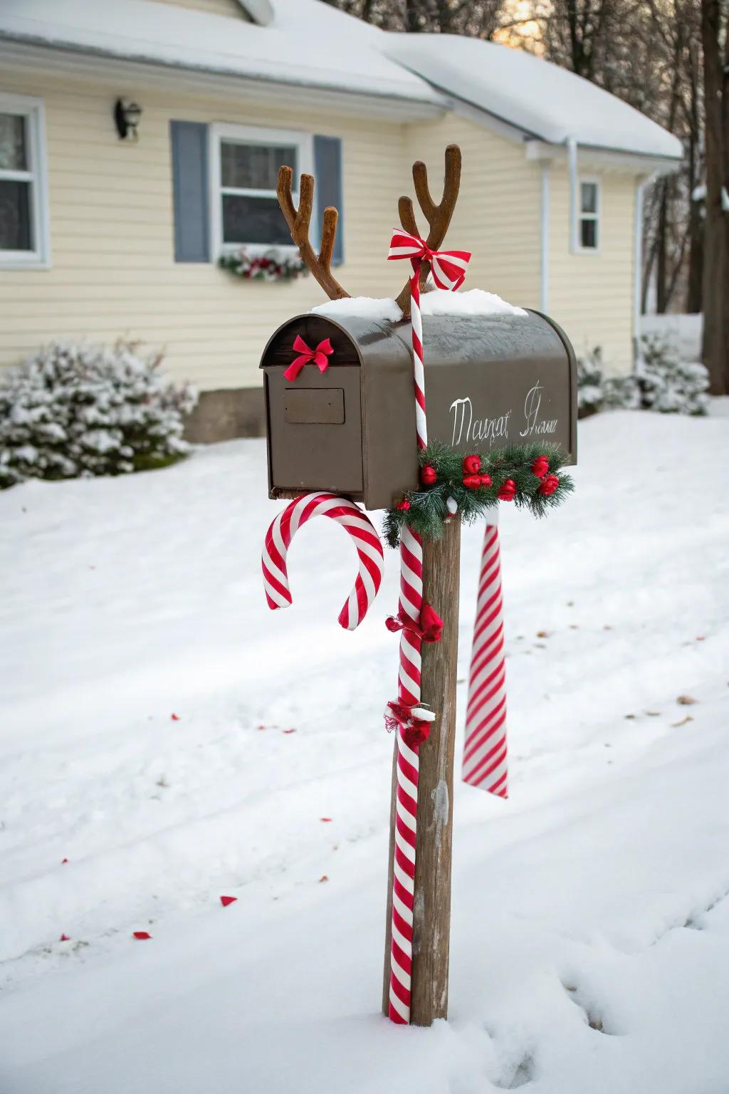 A whimsical mailbox decked out with reindeer and candy cane-themed decorations.