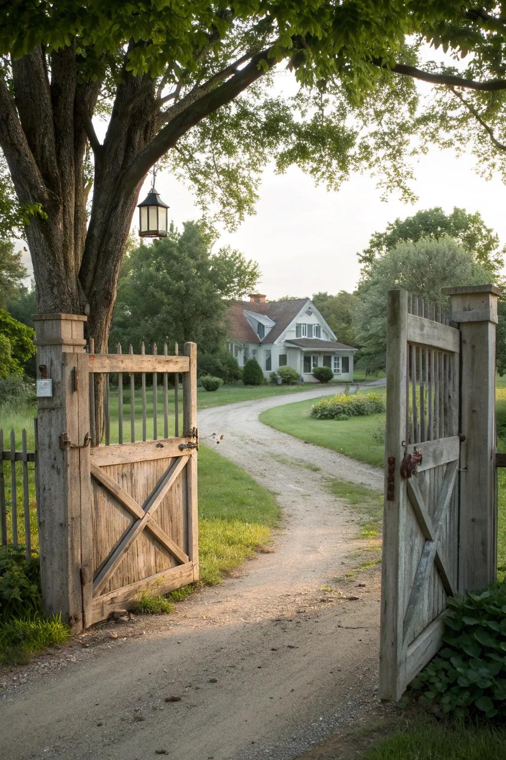 Inviting wooden swing gates at a farmhouse entrance.