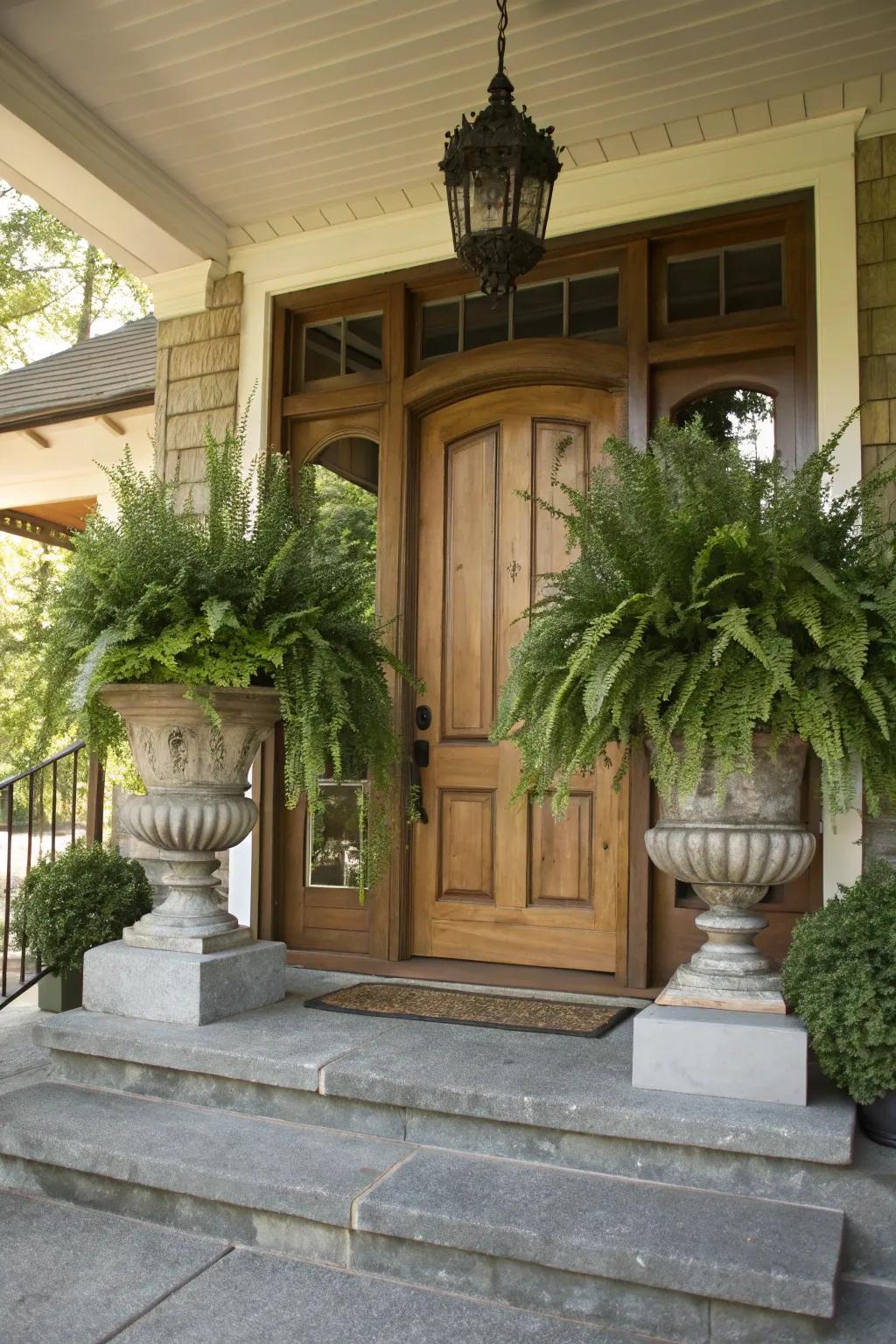 Ferns in urns create a stately entrance on any porch.