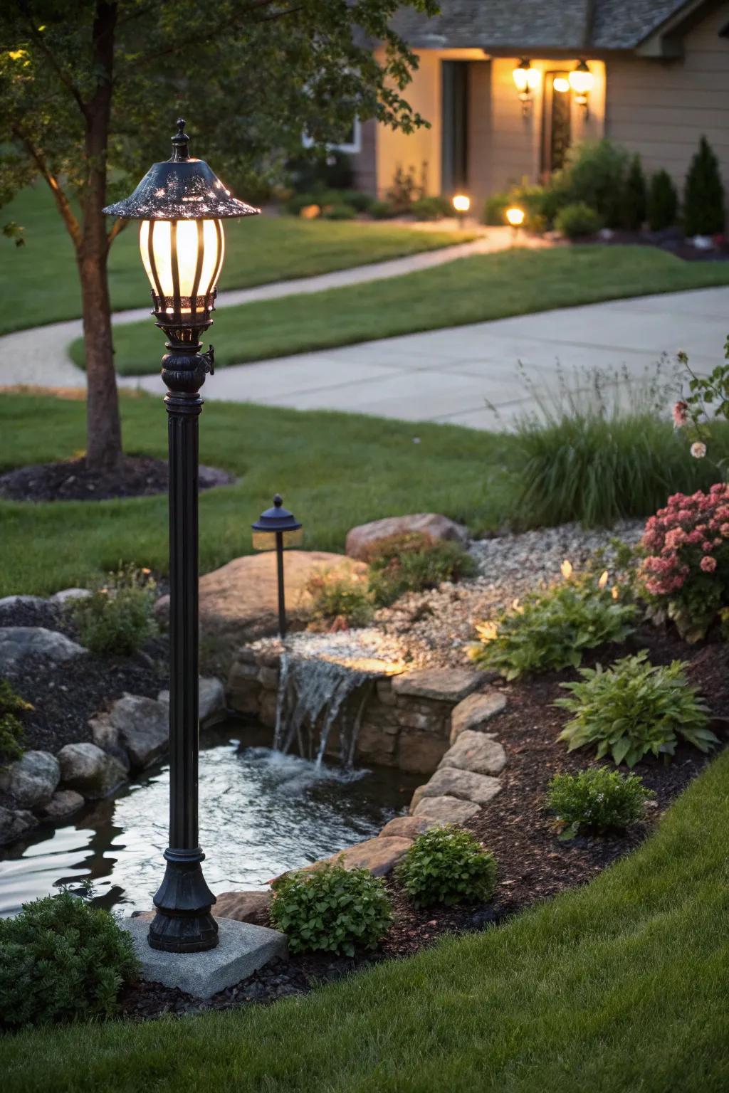 A water feature brings tranquility and movement to your lamp post area.