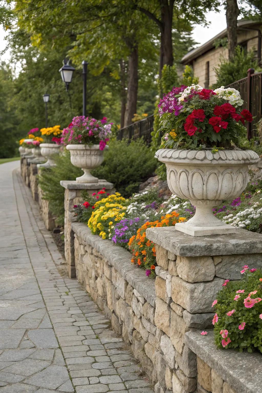Decorative planters enhancing a stone wall.