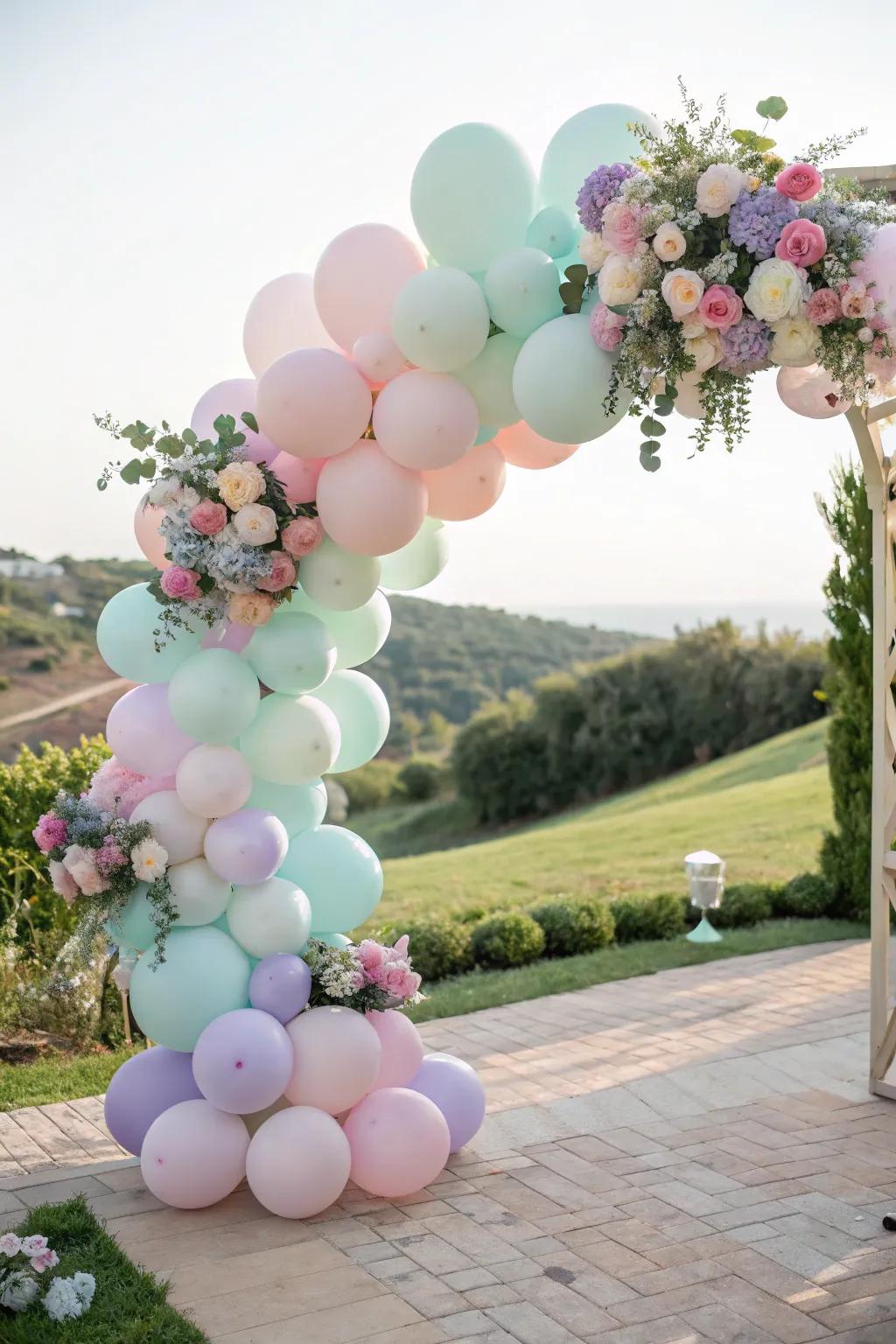 A vibrant and inviting floral balloon arch for a baby shower.