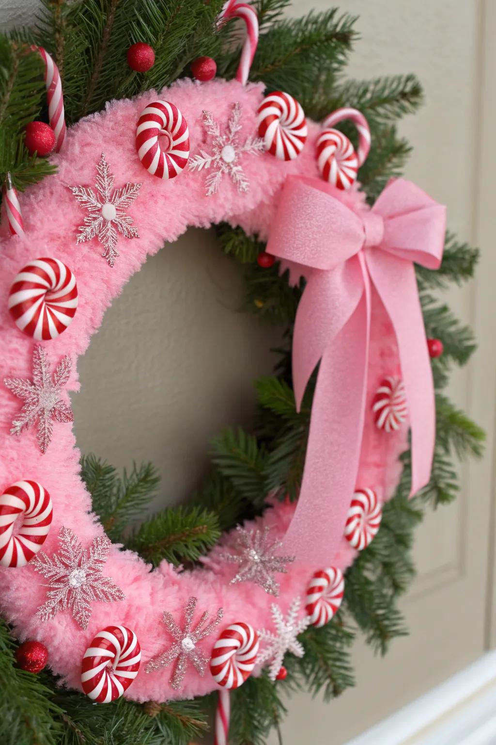 A whimsical candy cane wreath that brings a playful vibe to the holidays.