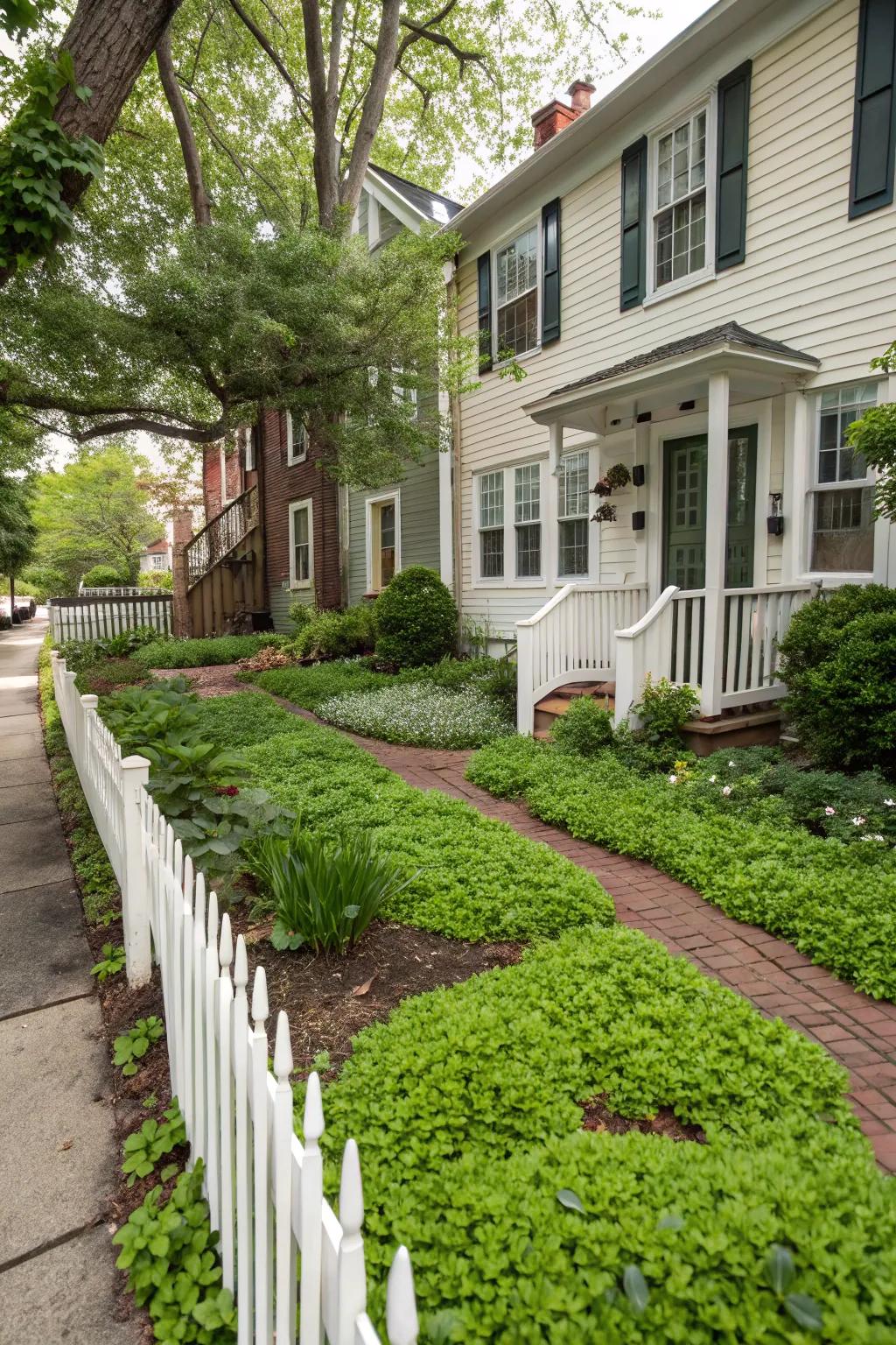 Ground cover plants create a seamless green base.