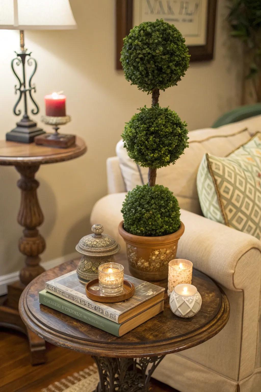 Tabletop topiaries are perfect for adding a touch of green.