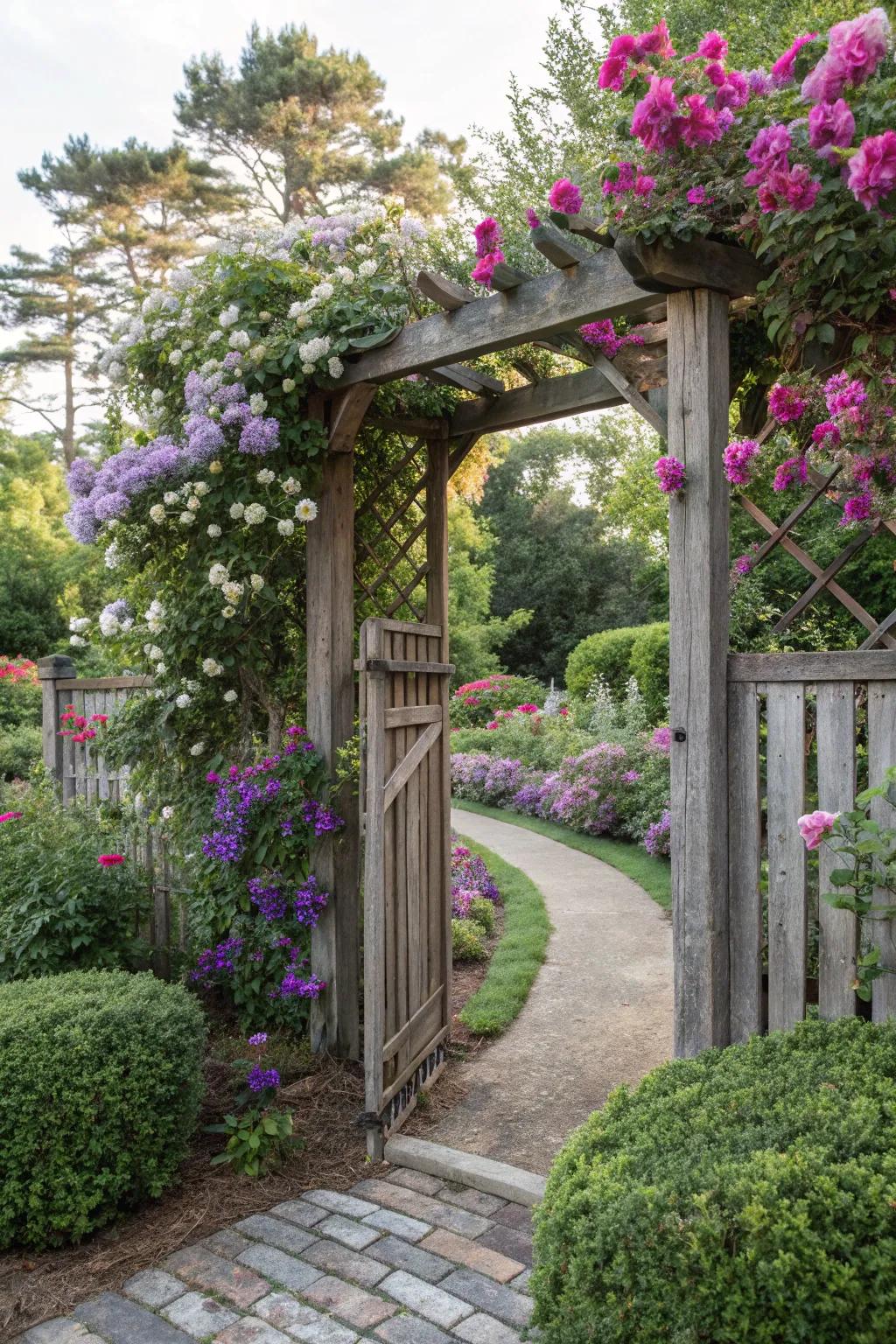 A floral fantasy with a wooden arbor covered in blooms.