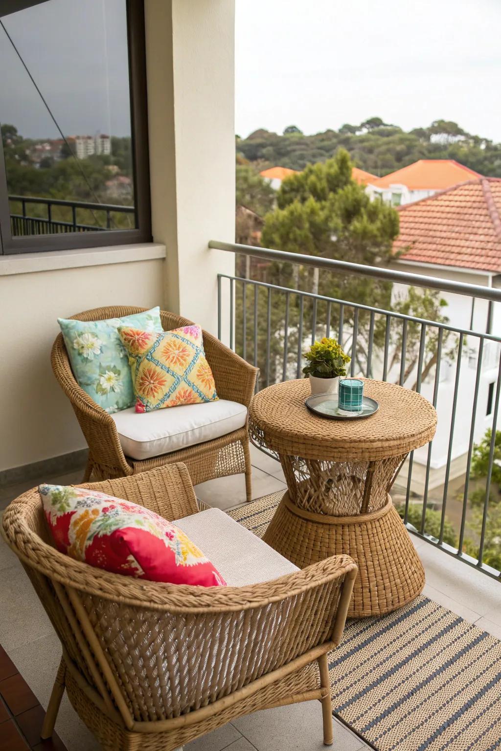 Rustic wicker furniture creating a cozy balcony setting.