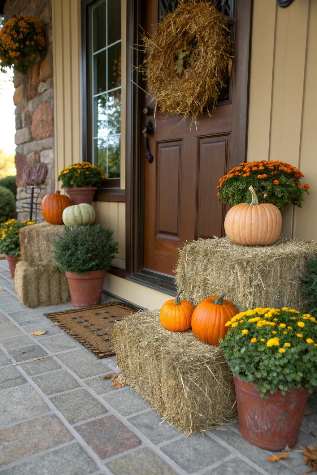 Hay bales provide a rustic base for displaying fall decorations.