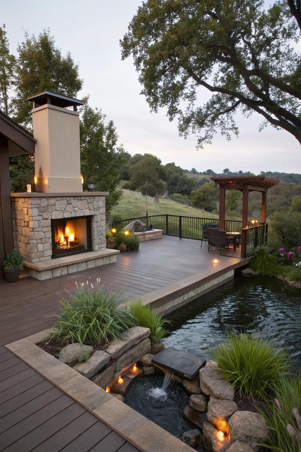 A water feature adds tranquility alongside the fire.