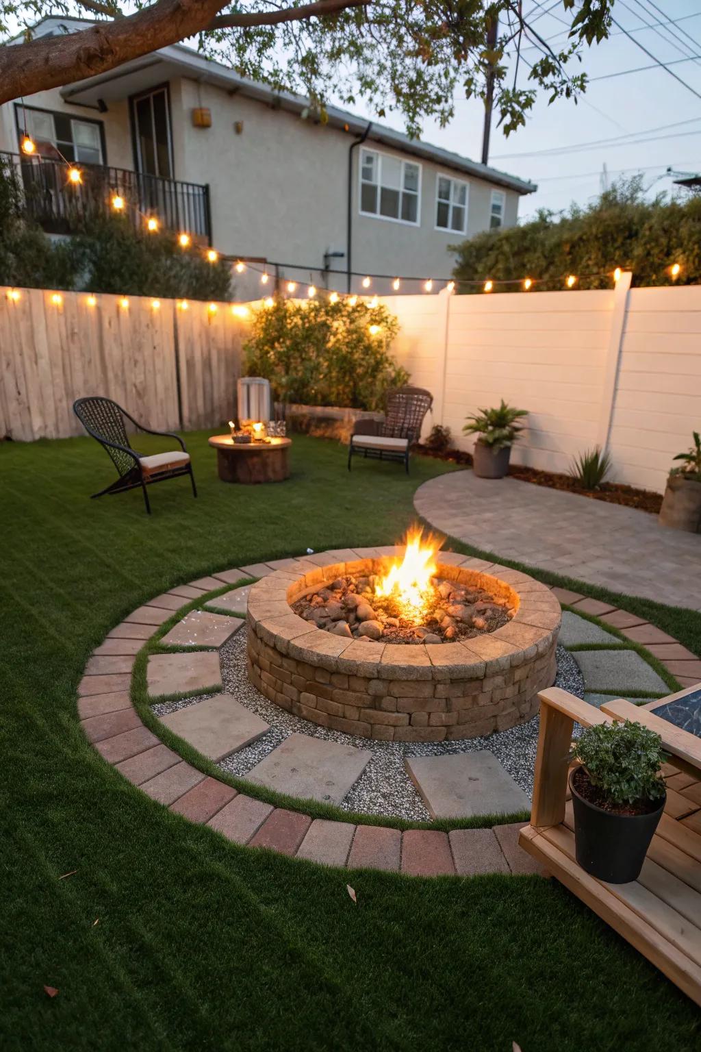 Enjoy cozy evenings on a circular patio surrounded by greenery.