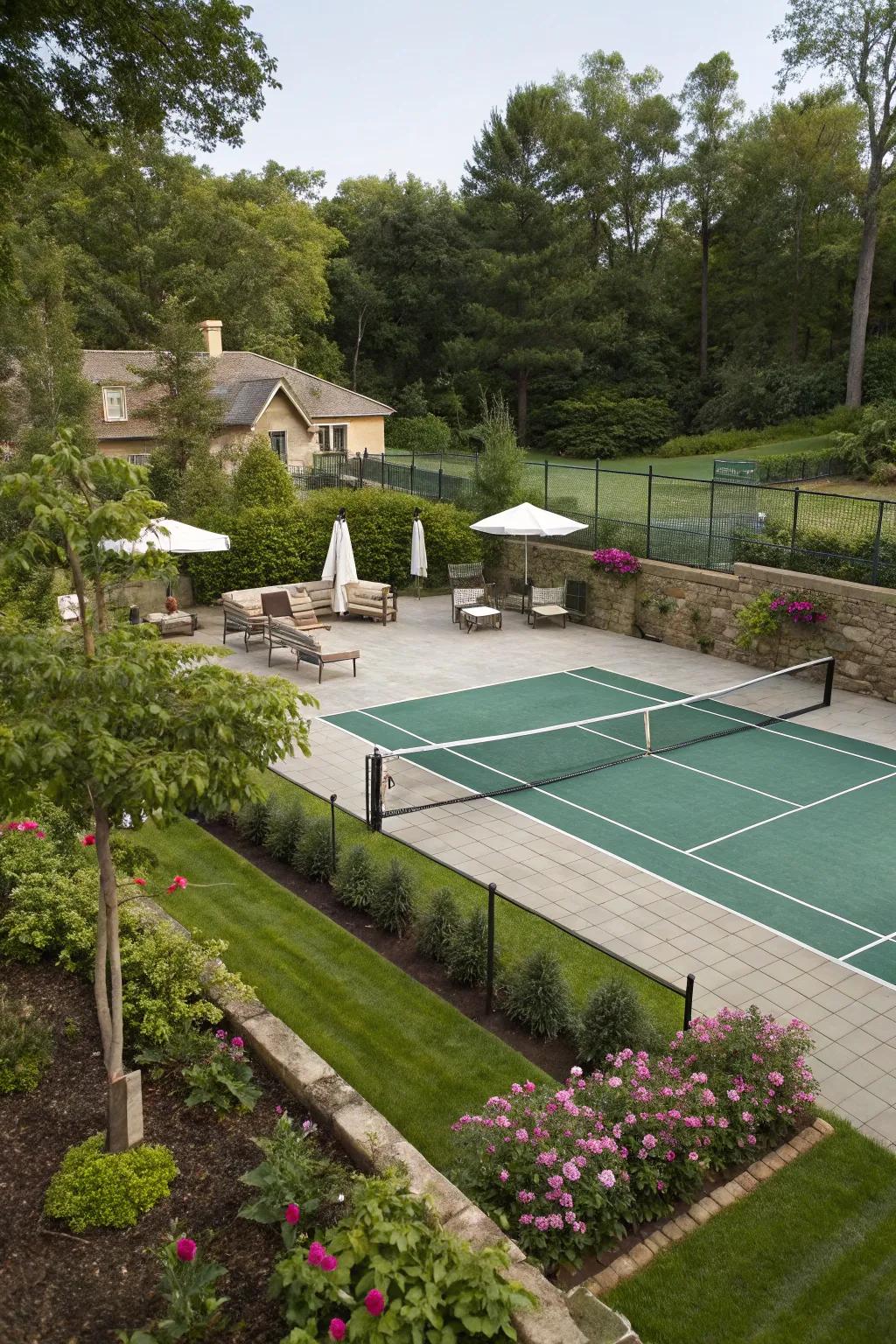 A tennis court meets luxury with an adjacent pool.