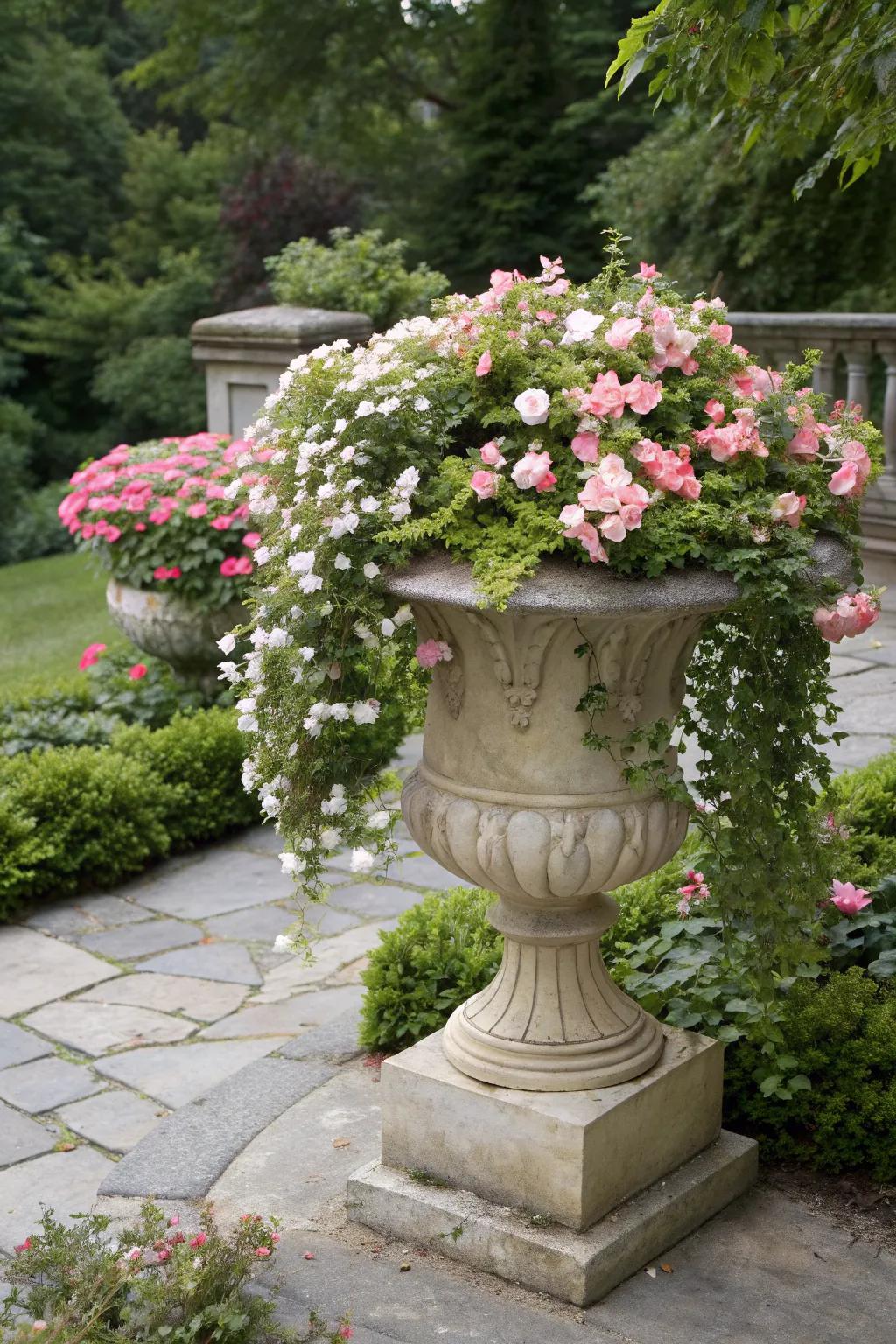 Urn-shaped containers offer dramatic elegance with cascading begonias.
