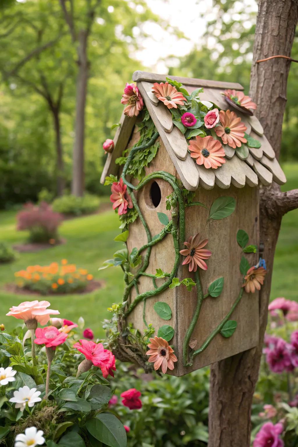 A birdhouse with crafted floral add-ons for added charm.