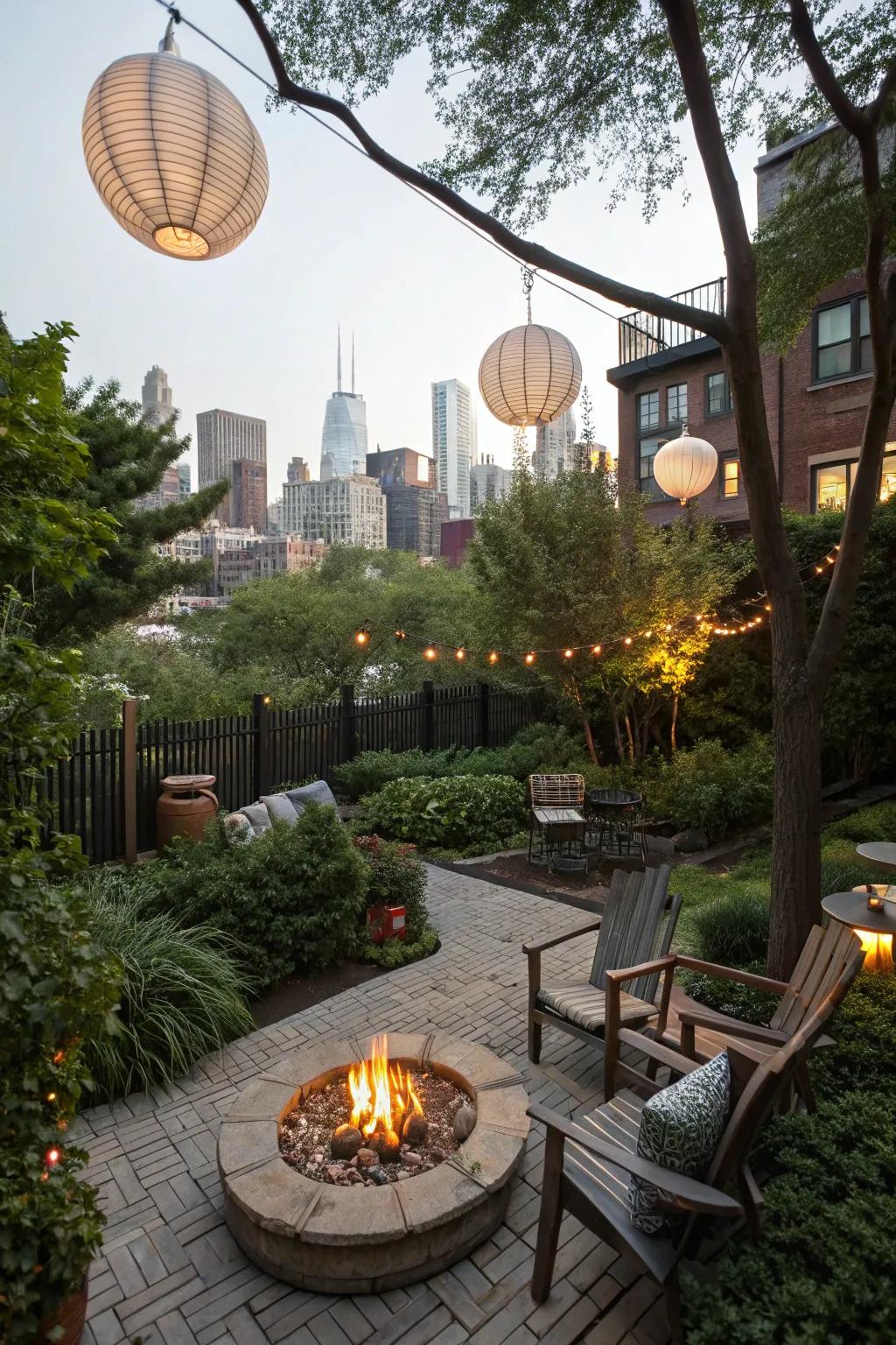 A fire pit invites warmth and conversation.