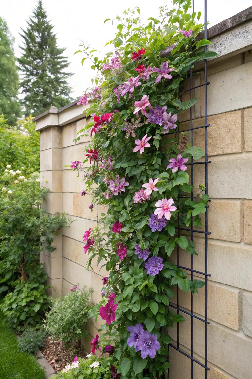 A vertical trellis with clematis flowers climbing, transforming a plain garden wall into a living masterpiece.