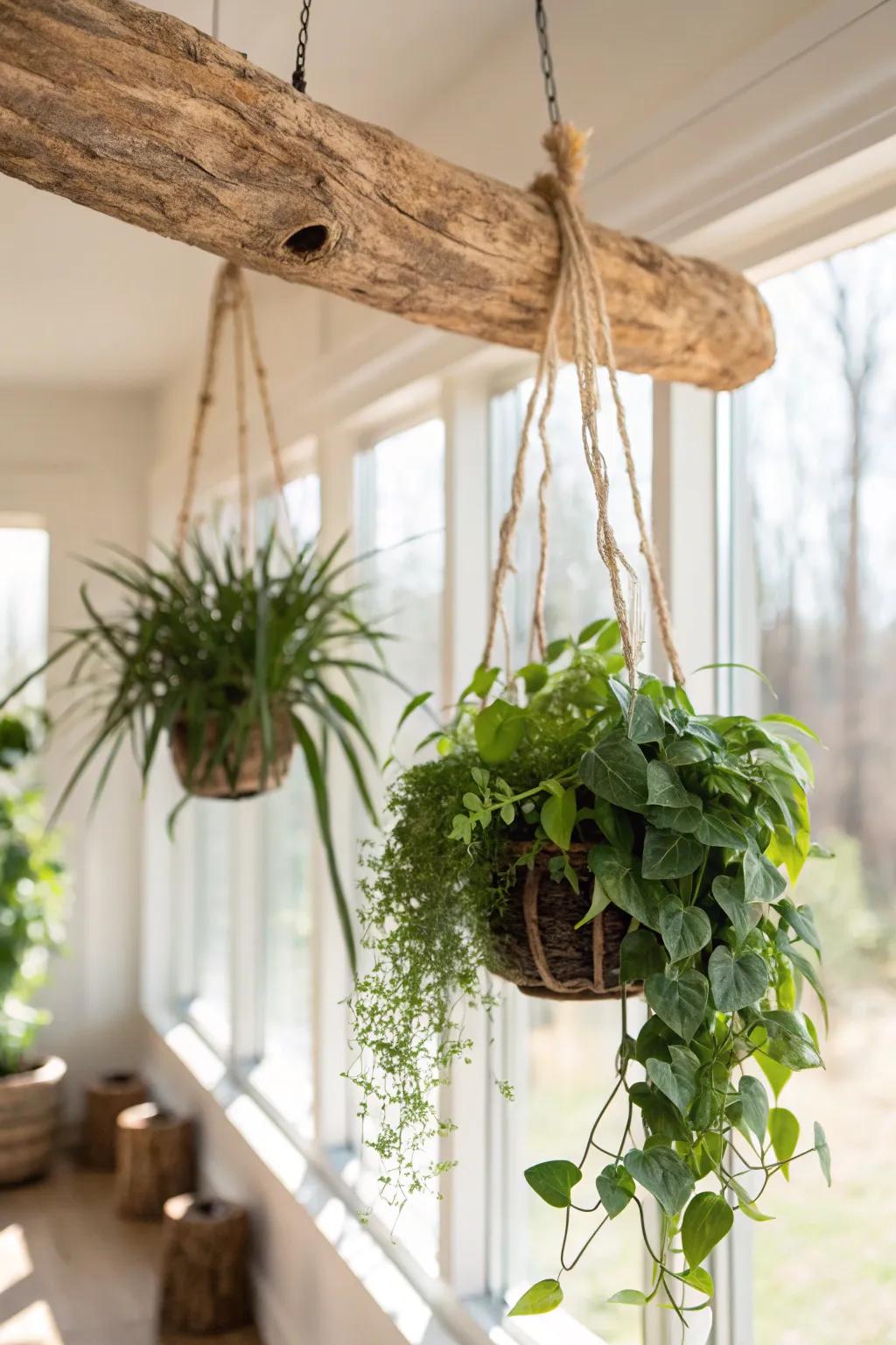 Driftwood plant hangers create stunning vertical gardens.