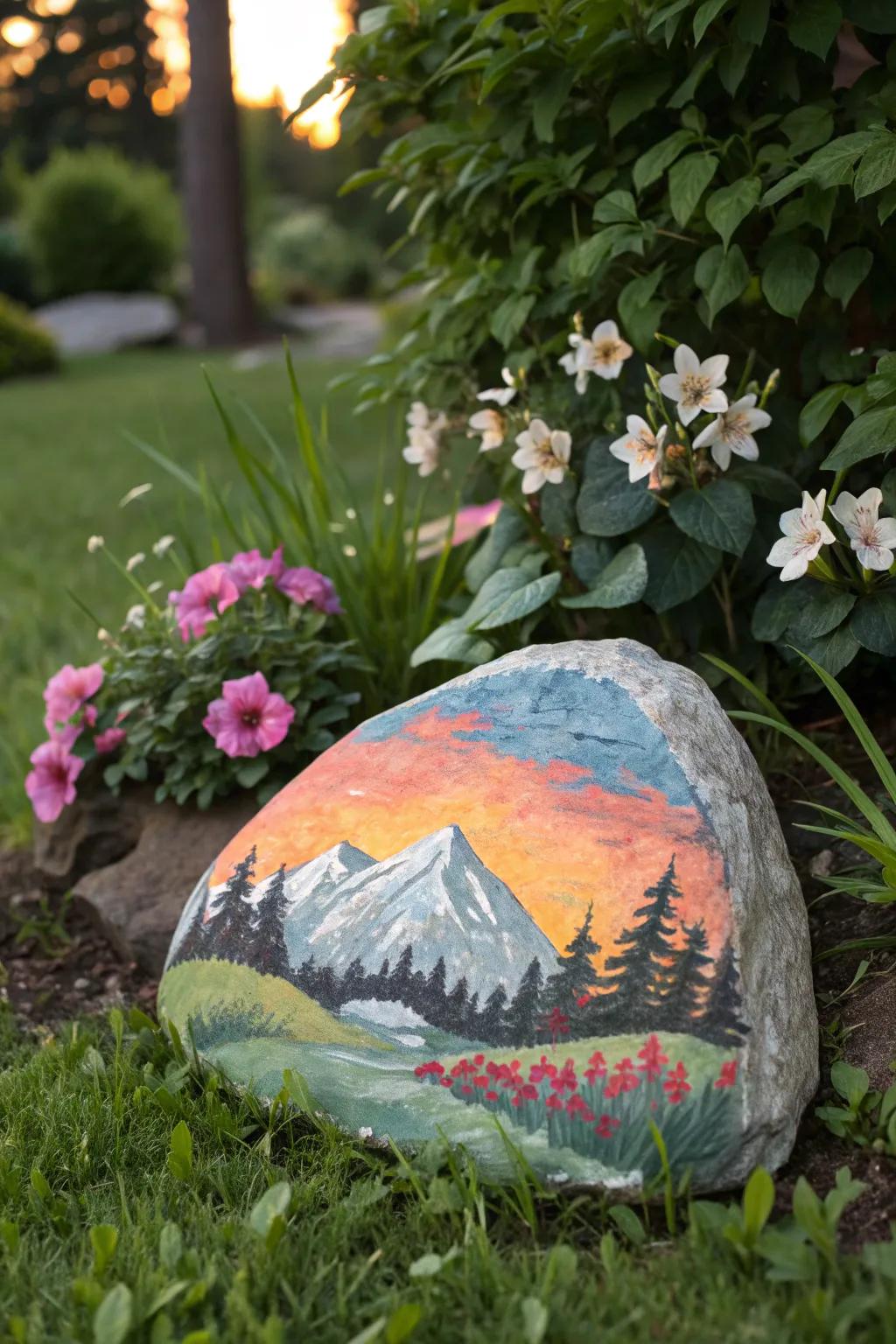 Capture the essence of nature with stunning landscape paintings on flat rocks.