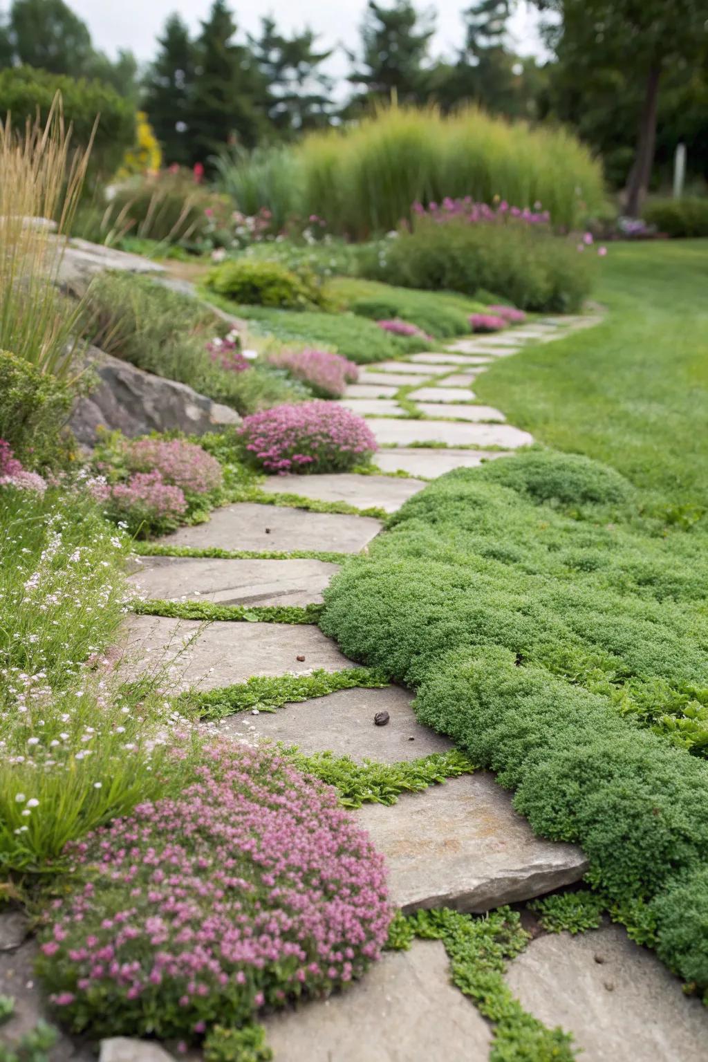 A charming garden path with stepping stones embraced by creeping thyme and stonecrop.