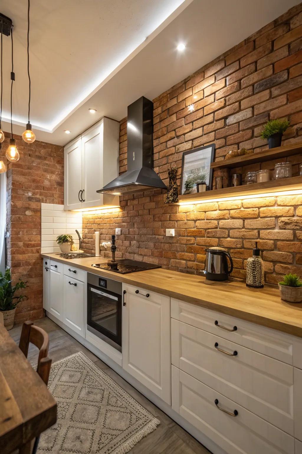 Textured elements like brick can add warmth and character.