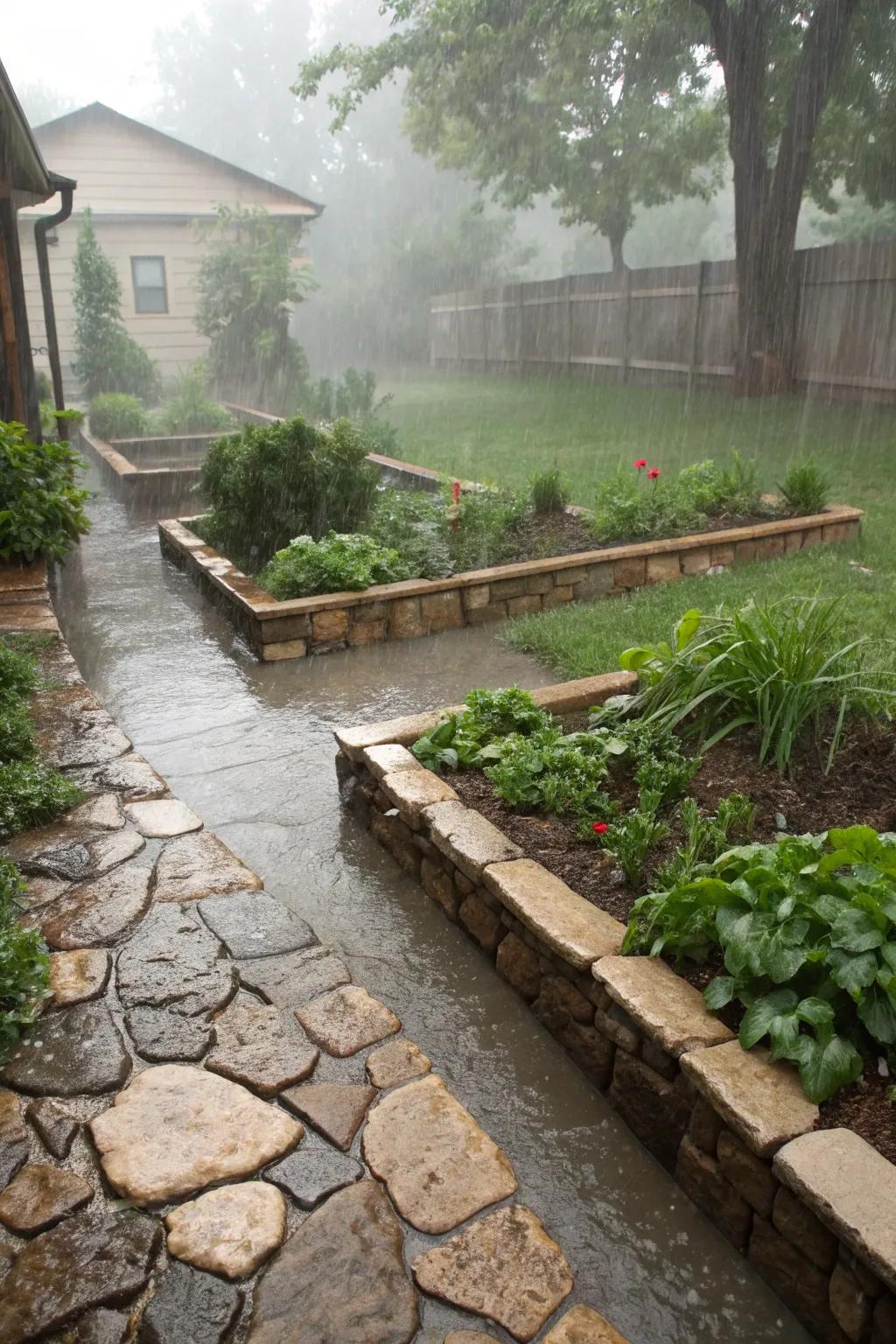 Stone edging adds structure and guides water effectively.